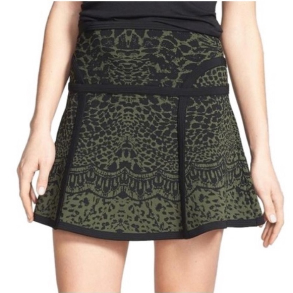 DVF Flote A-Line Mini Skirt Mixed Print Green Black Ribbed Stretch Knit